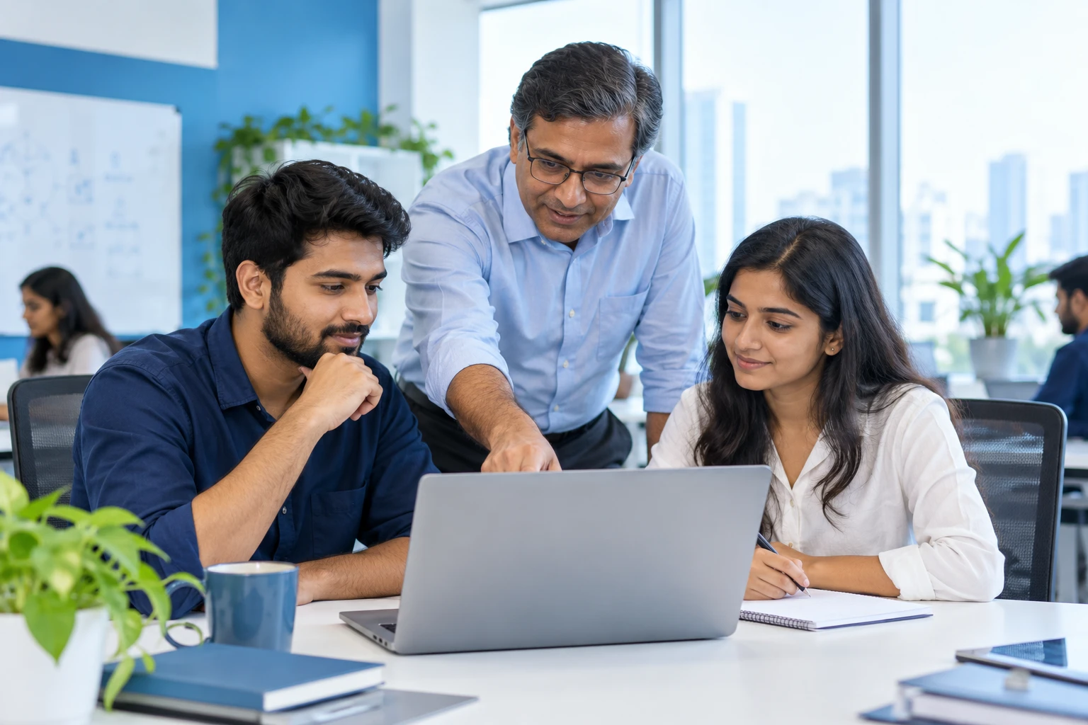 AI-generated technology mentoring and collaboration scene