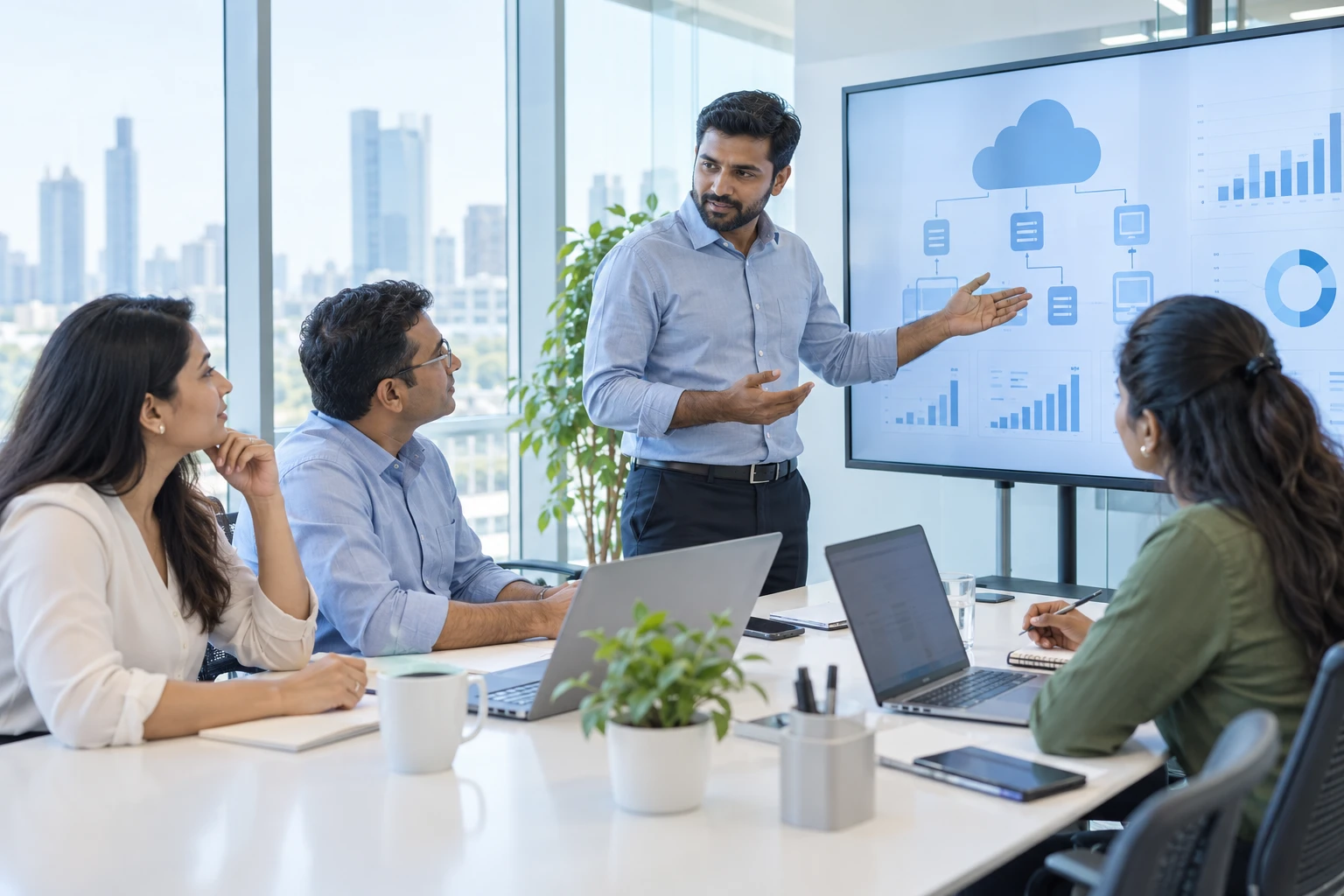 AI-generated business technology strategy meeting